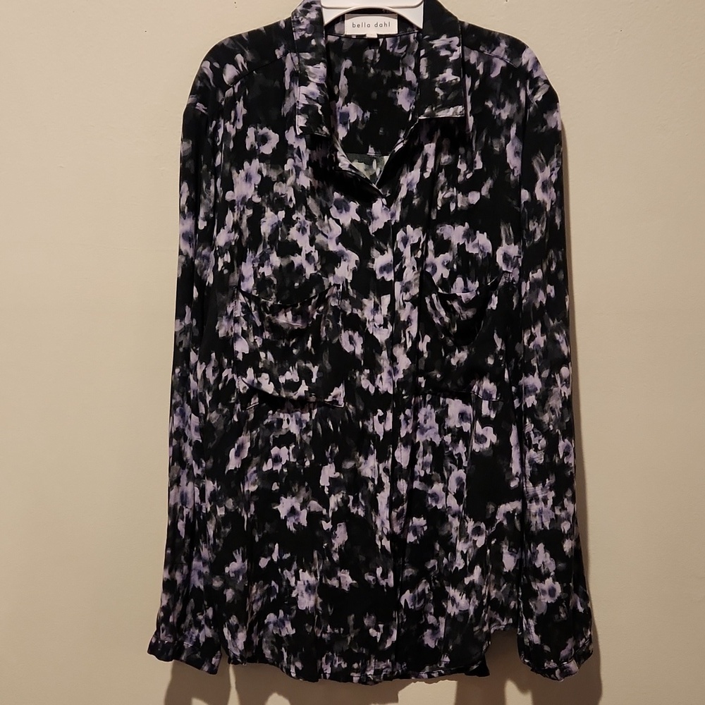 Anthropologie Black and Lavender Abstract Floral Button-Down Shirt